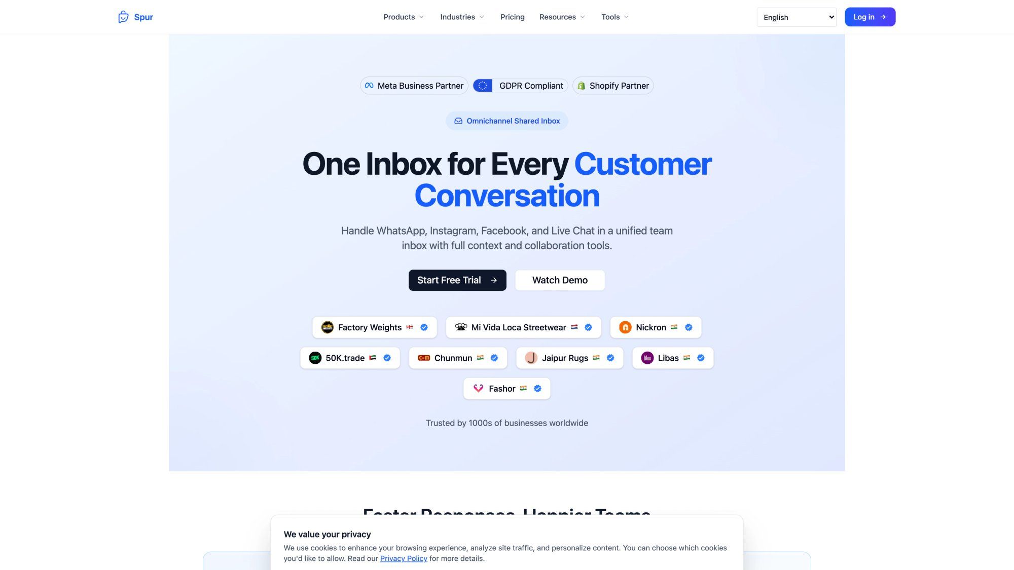 Spur Shared Inbox product page showing AI Agents for customer support across WhatsApp, Instagram, Facebook and Live Chat