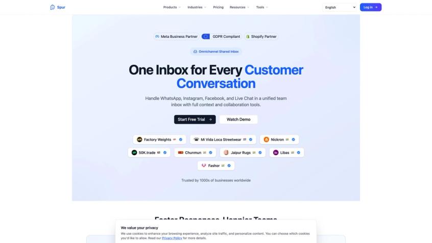 Spur Shared Inbox product page showing AI Agents for customer support across WhatsApp, Instagram, Facebook and Live Chat