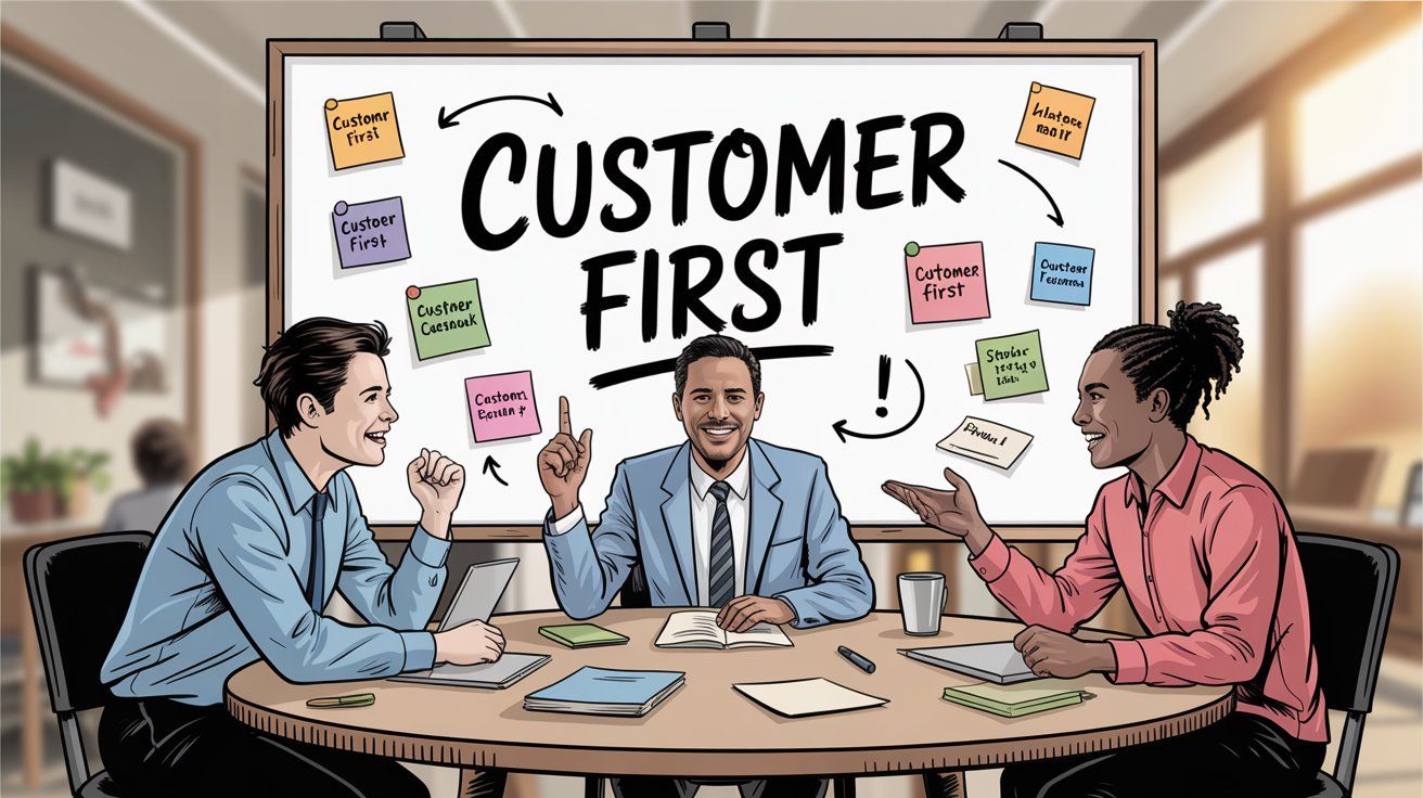 Diverse team collaborating around customer-first values in professional meeting, representing customer-centric company culture transformation