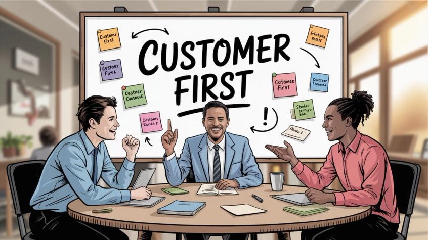 Diverse team collaborating around customer-first values in professional meeting, representing customer-centric company culture transformation