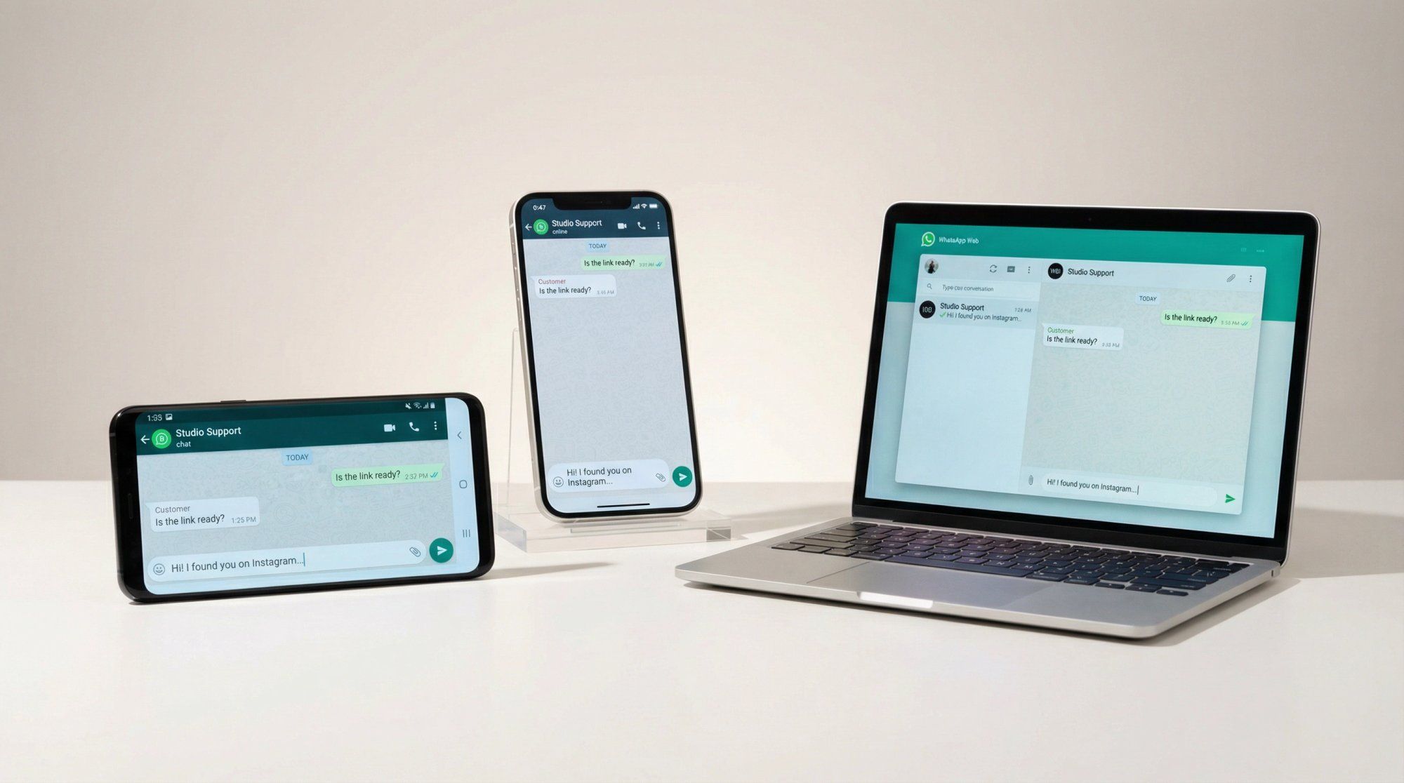 Android phone, iPhone, and laptop side-by-side all showing an active WhatsApp chat, illustrating pre-publish link testing