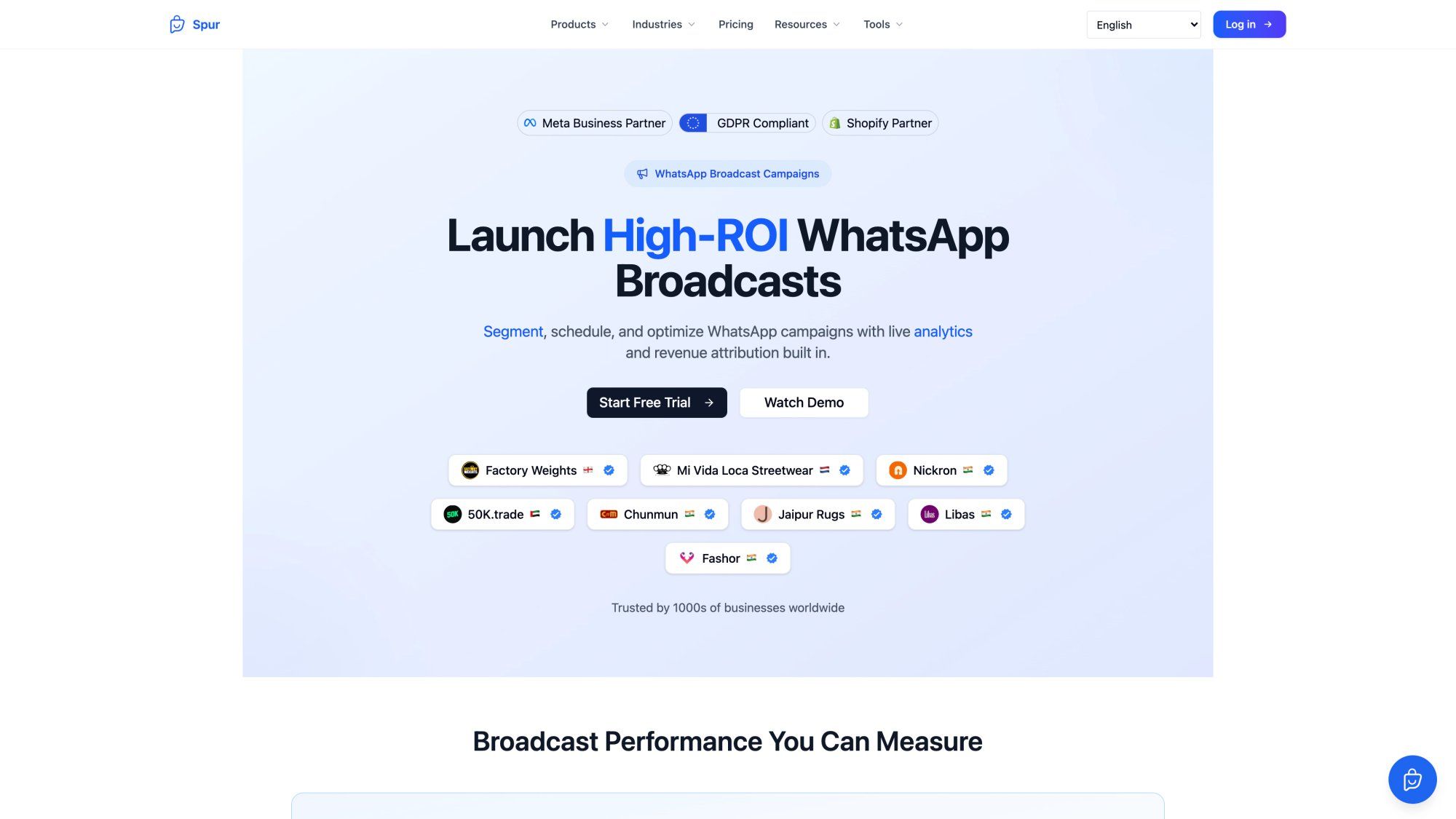 Spur Broadcasts product page showing "Launch High-ROI WhatsApp Broadcasts" with segment, schedule, and revenue attribution capabilities