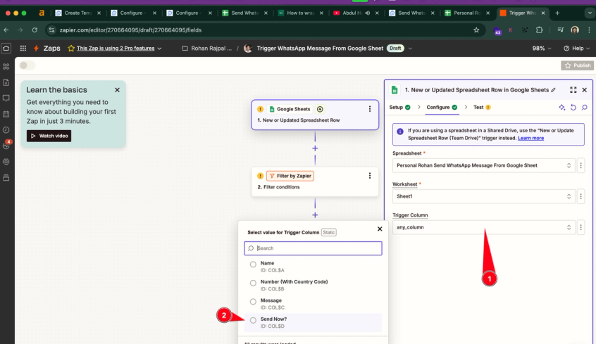 Select changes to which column will trigger the message