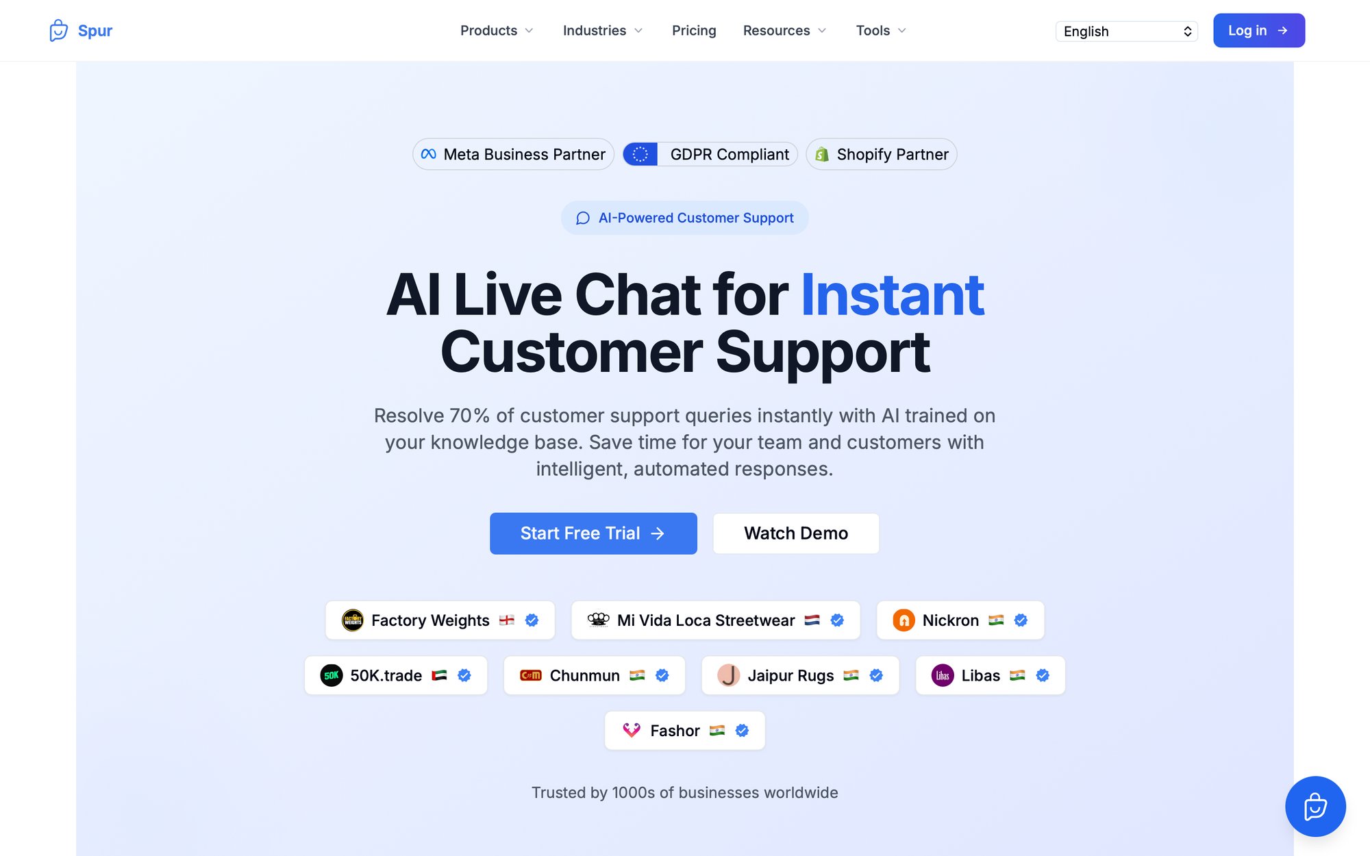 A webpage showcasing Spur's AI Live Chat for instant customer support, featuring partner badges and company logos.