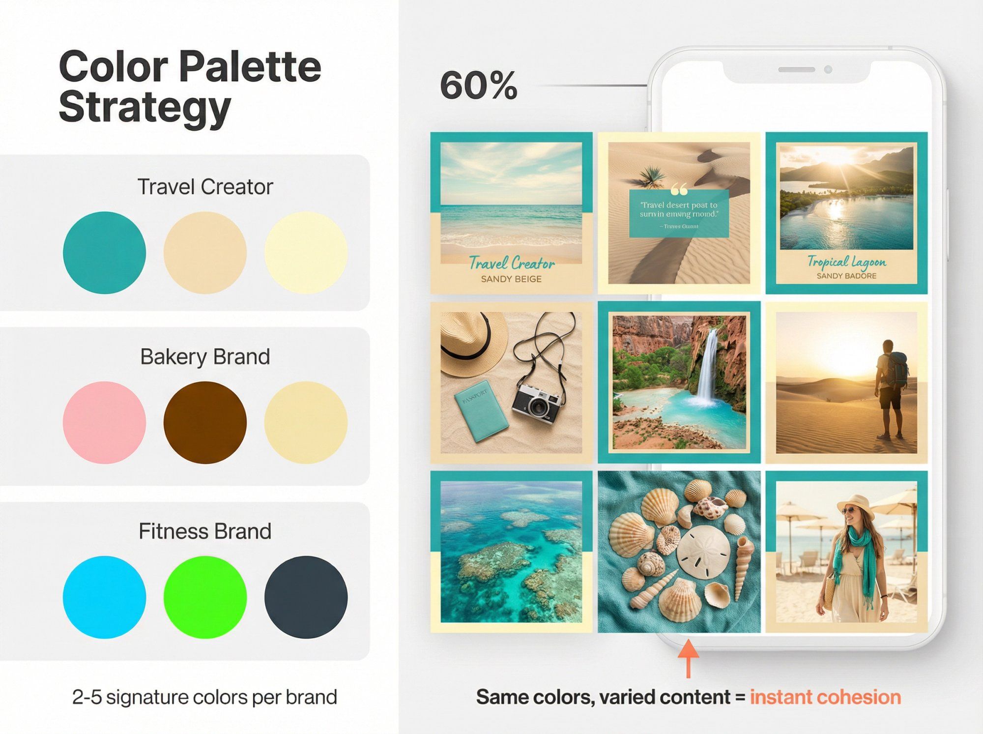 Instagram grid layout demonstrating cohesive color palette strategy with 2-5 signature brand colors across feed