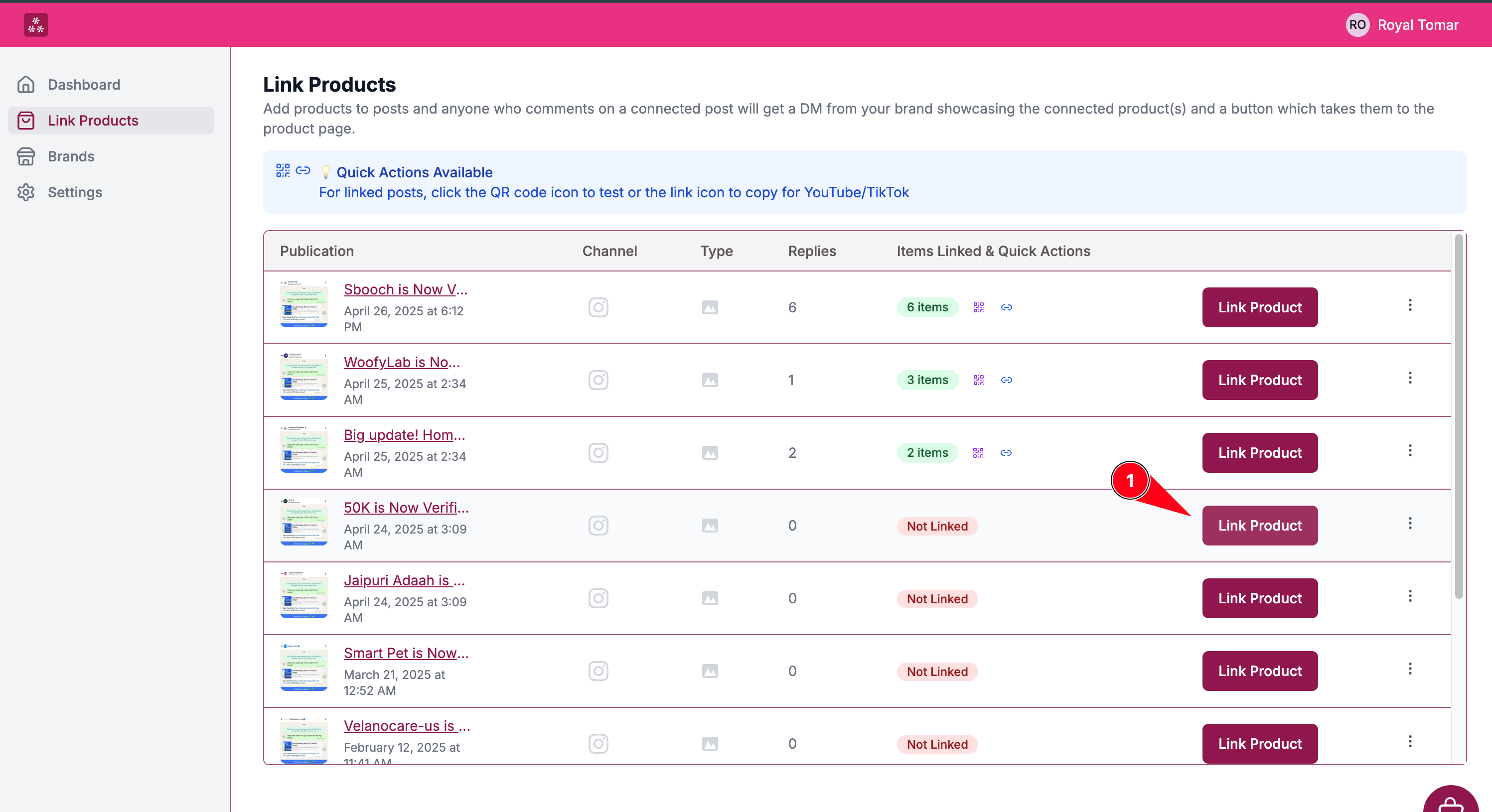 Select the post you want to link and hit link product