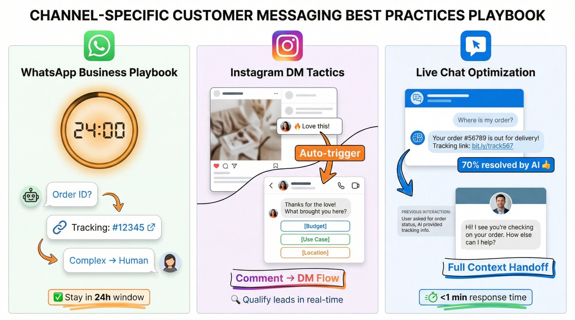 Three-column visual guide showing WhatsApp 24-hour window countdown, Instagram comment-to-DM flow, and live chat AI-to-human handoff workflow