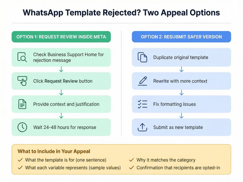 Dual-pathway flowchart showing two appeal options for WhatsApp template rejections with tactical steps