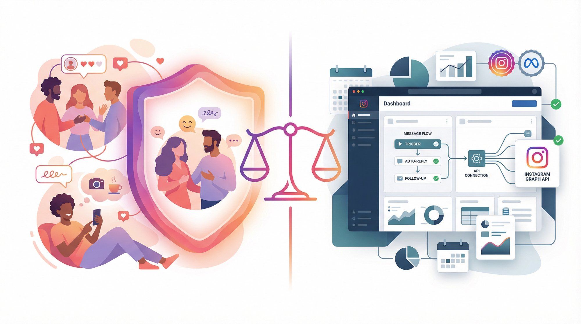 Visual metaphor of Instagram balancing user trust protection against business automation needs
