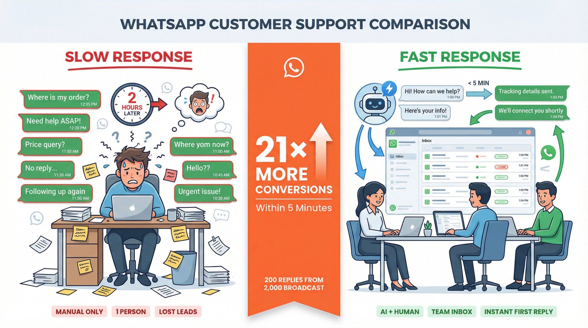 Split-screen comparison showing slow manual WhatsApp reply handling versus fast automated system with 21× conversion boost