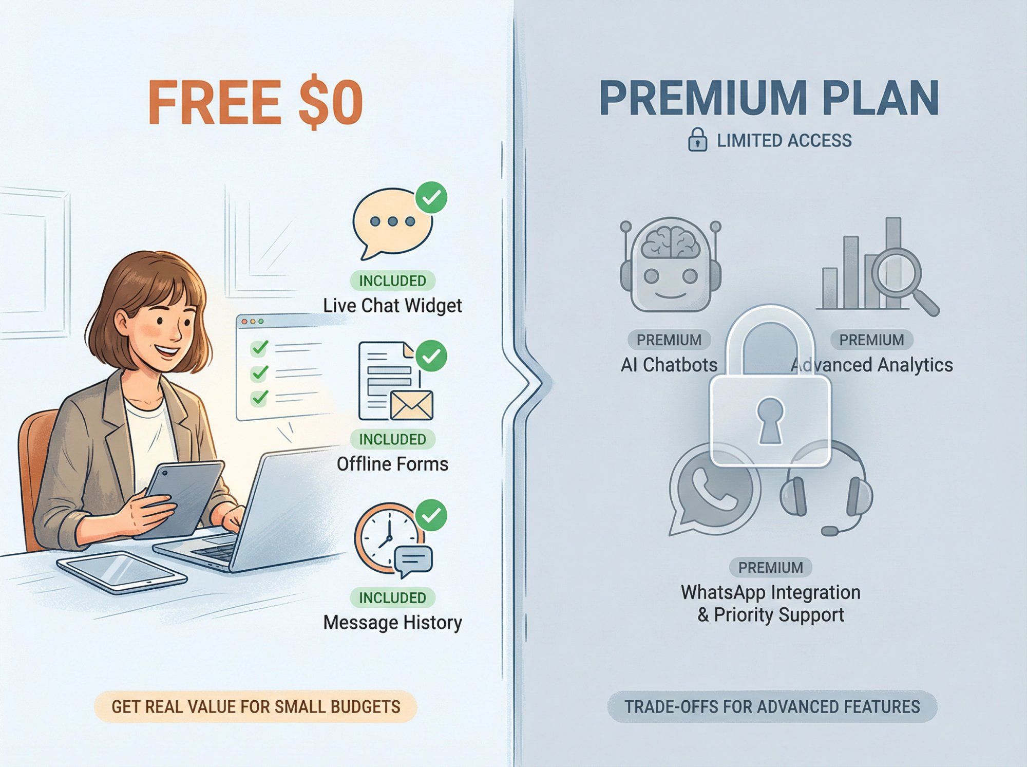 Split-screen comparison showing free live chat tool benefits and limitations: left side displays checkmarks for free basic features, right side shows locked premium capabilities