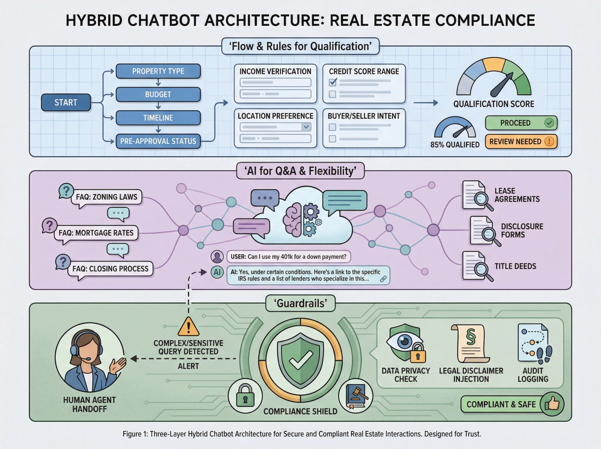 Hybrid chatbot architecture diagram showing three layers: structured flows for qualification, AI for flexible Q&A, and guardrails for handoff