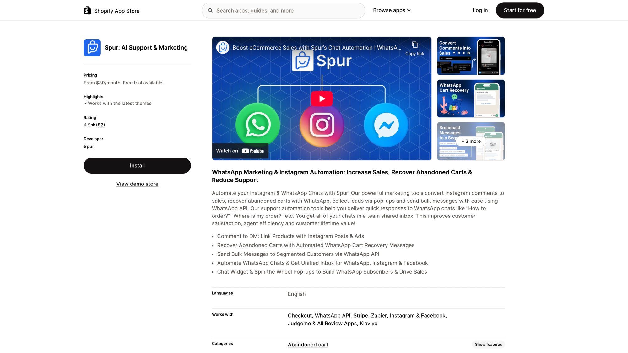 Spur app listing on Shopify App Store showing 4.9/5 rating and WhatsApp automation features