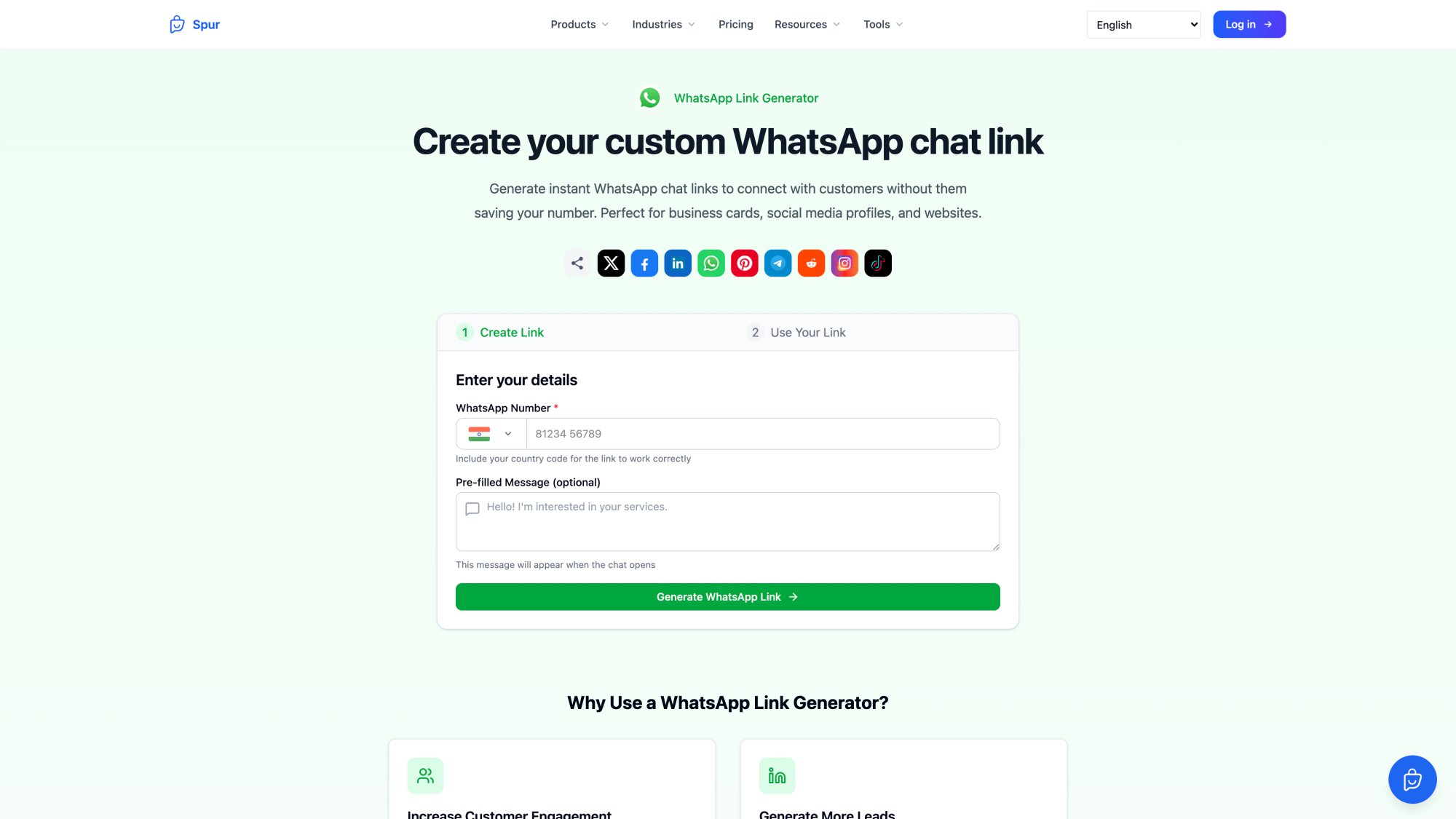 Spur's free WhatsApp Link Generator tool showing phone number input, pre-filled message field, and generate button