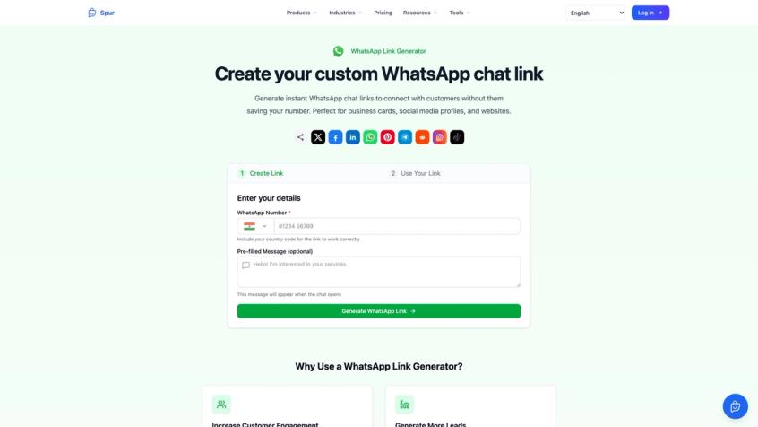Spur's free WhatsApp Link Generator tool showing phone number input, pre-filled message field, and generate button