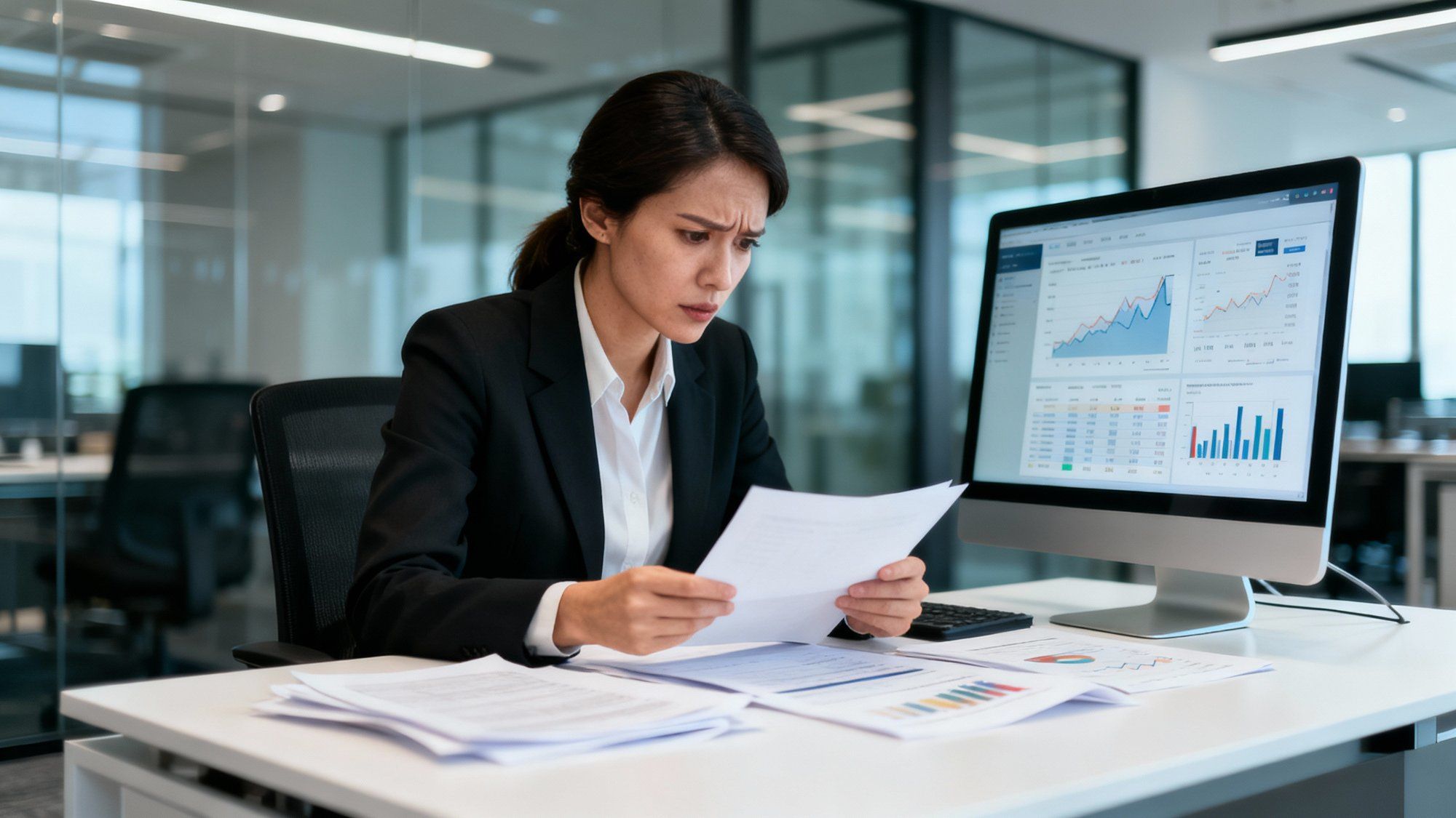 Professional business woman reviewing critical data and analytics with concerned expression in modern office