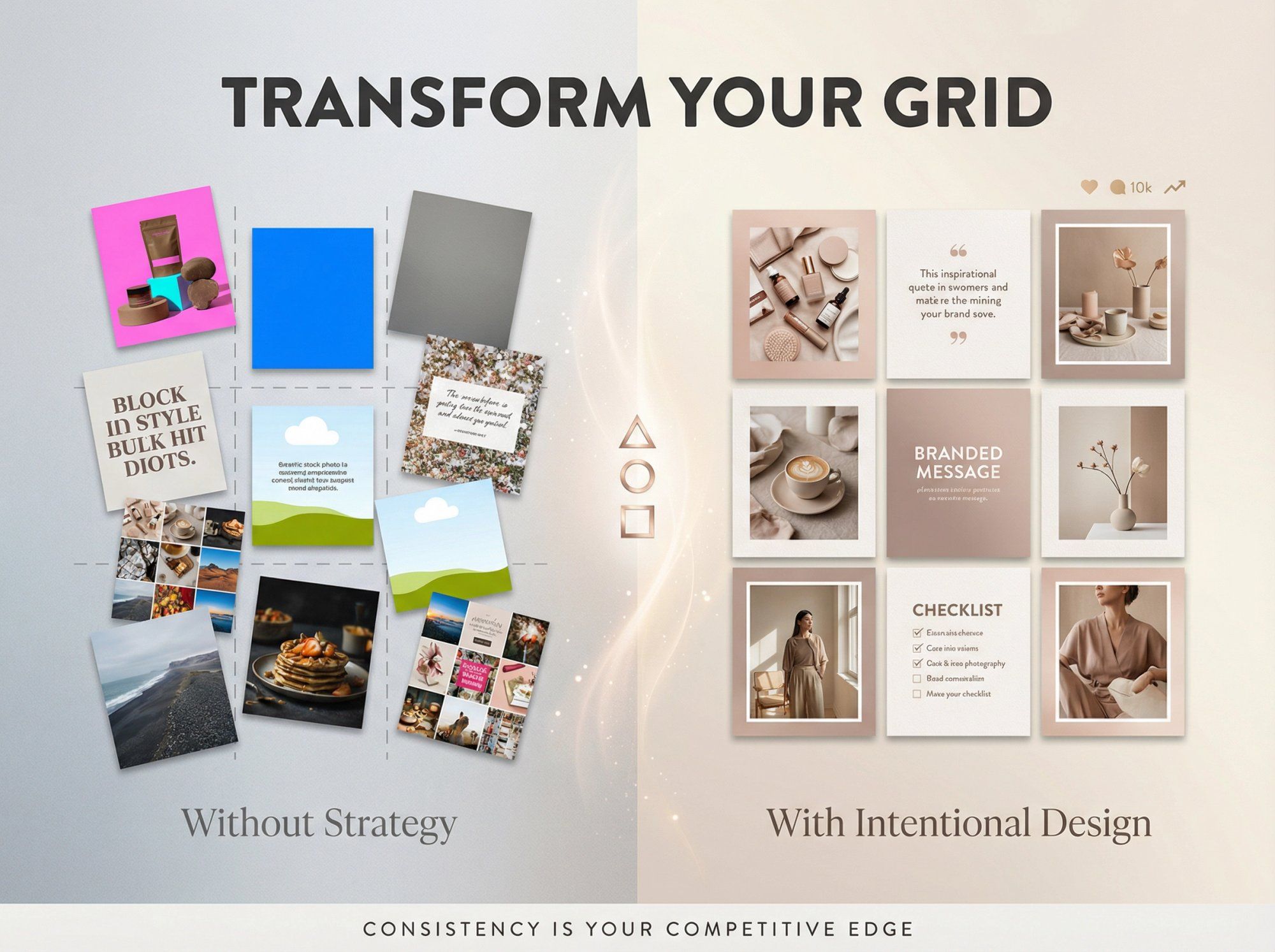 Before and after editorial illustration showing Instagram grid transformation from chaotic to cohesive professional layout