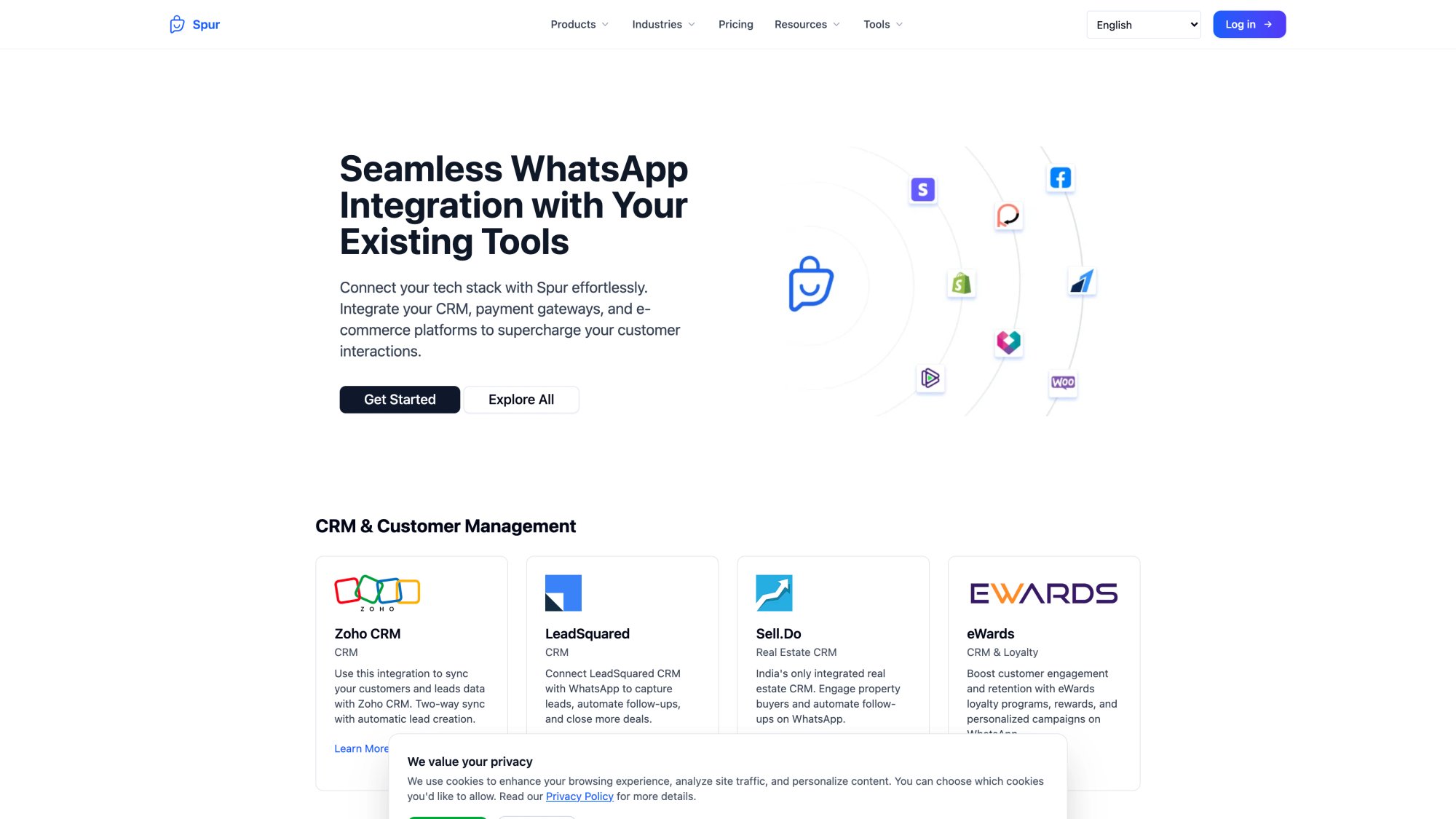 Spur integrations page showing connections to Shopify, WooCommerce, Zoho CRM, LeadSquared, Razorpay, Stripe, and ecommerce platforms