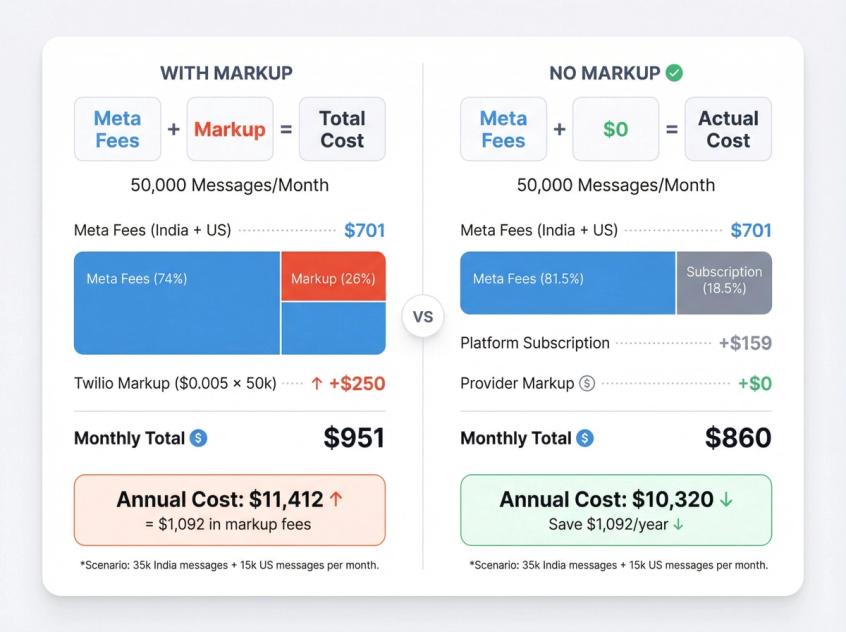 Side-by-side cost breakdown comparing Twilio's per-message markup vs Spur's transparent passthrough pricing for 50k monthly messages