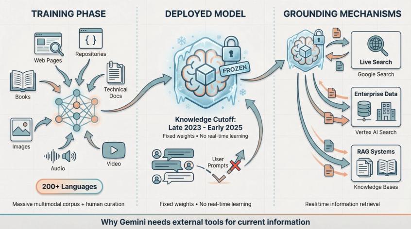 Visual breakdown of Gemini AI training pipeline: diverse data sources, static model deployment, and grounding mechanisms for fresh information