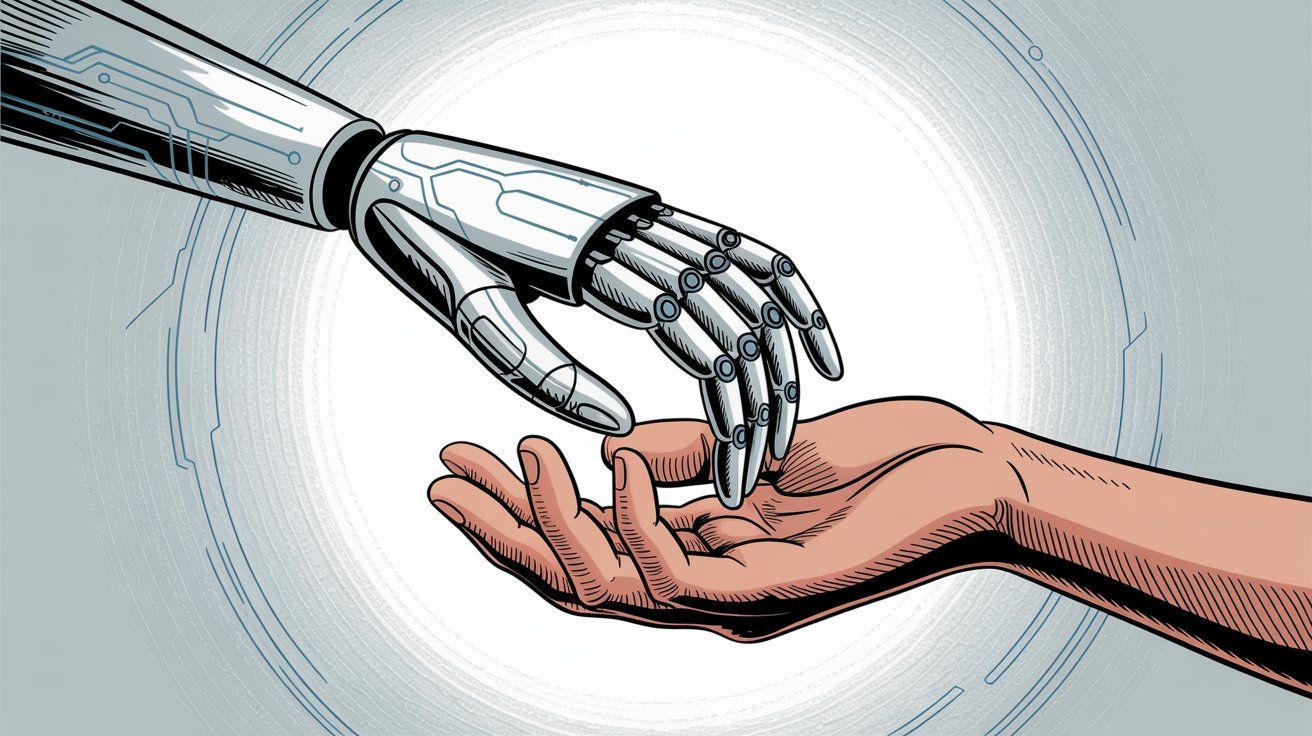 Balance between automation and human touch showing best practices in hand-drawn editorial style