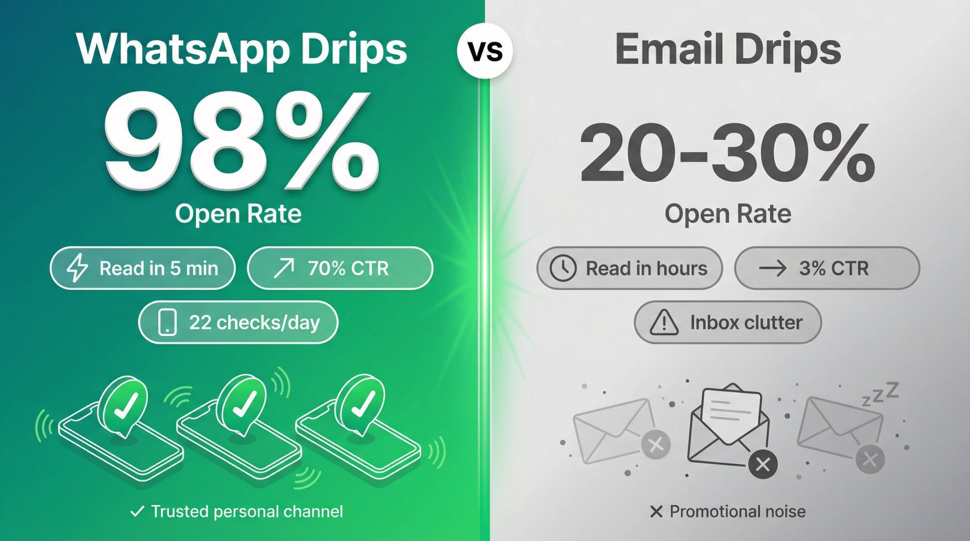 Side-by-side performance comparison showing WhatsApp's 98% open rate versus email's 20-30%, with real-time engagement metrics