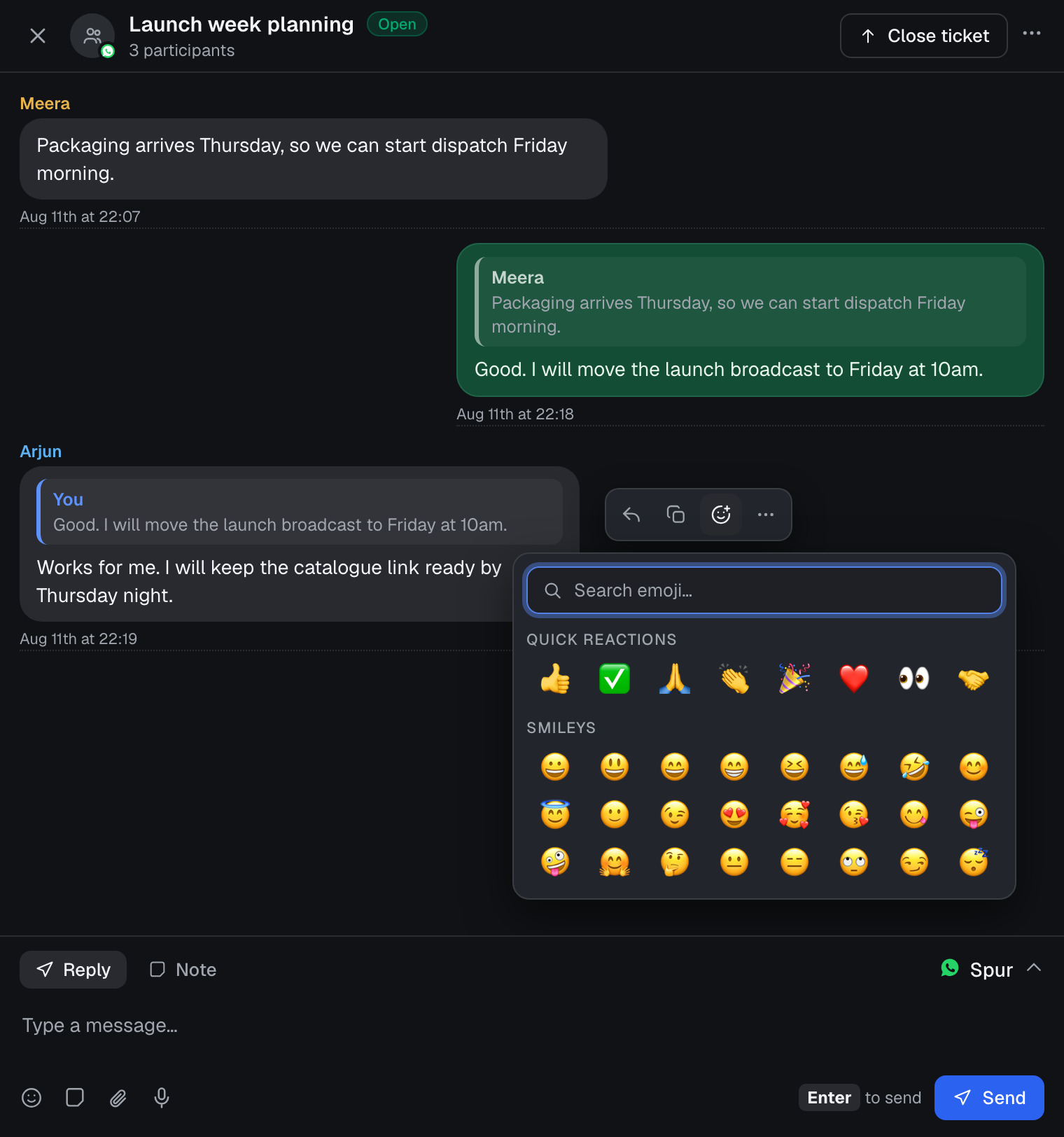 Emoji reaction picker open on a WhatsApp group message in Spur