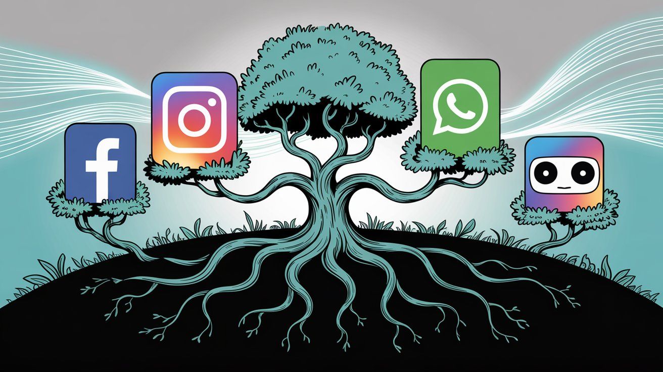 Illustration of Meta's platform ecosystem showing Facebook, Instagram, WhatsApp and other platforms connected under one unified system
