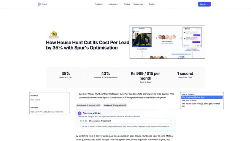 House Hunt case study results page showing 35% cost per lead reduction and 43% qualified lead volume increase using Spur's Instagram DM automation for real estate