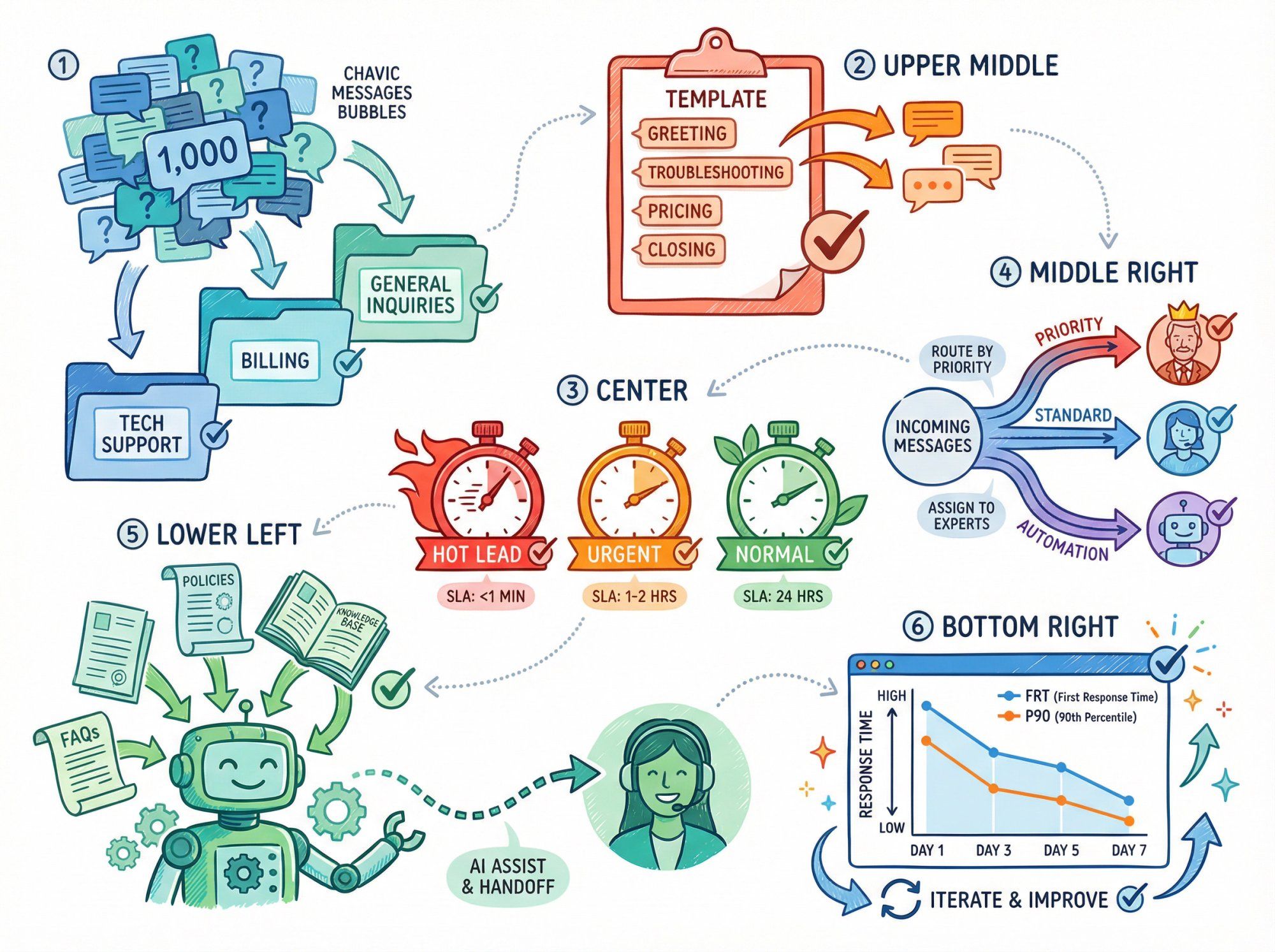 Hand-drawn editorial illustration showing a six-step checklist for improving customer response time with vibrant icons