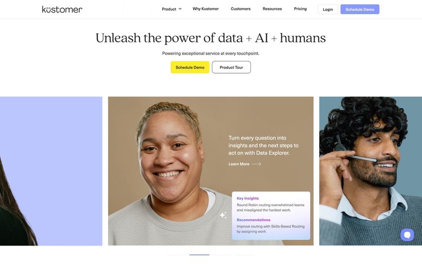 Kustomer landing page showcasing their data, AI, and human-powered customer service solution with smiling staff.