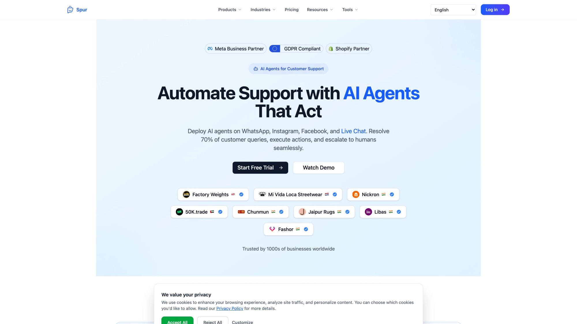 Spur AI Agents product page positioning multi-channel agents that resolve 70 percent of customer queries on WhatsApp, Instagram, Facebook and Live Chat