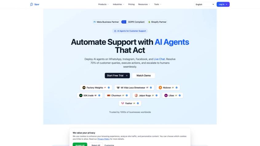 Spur AI Agents product page positioning multi-channel agents that resolve 70 percent of customer queries on WhatsApp, Instagram, Facebook and Live Chat