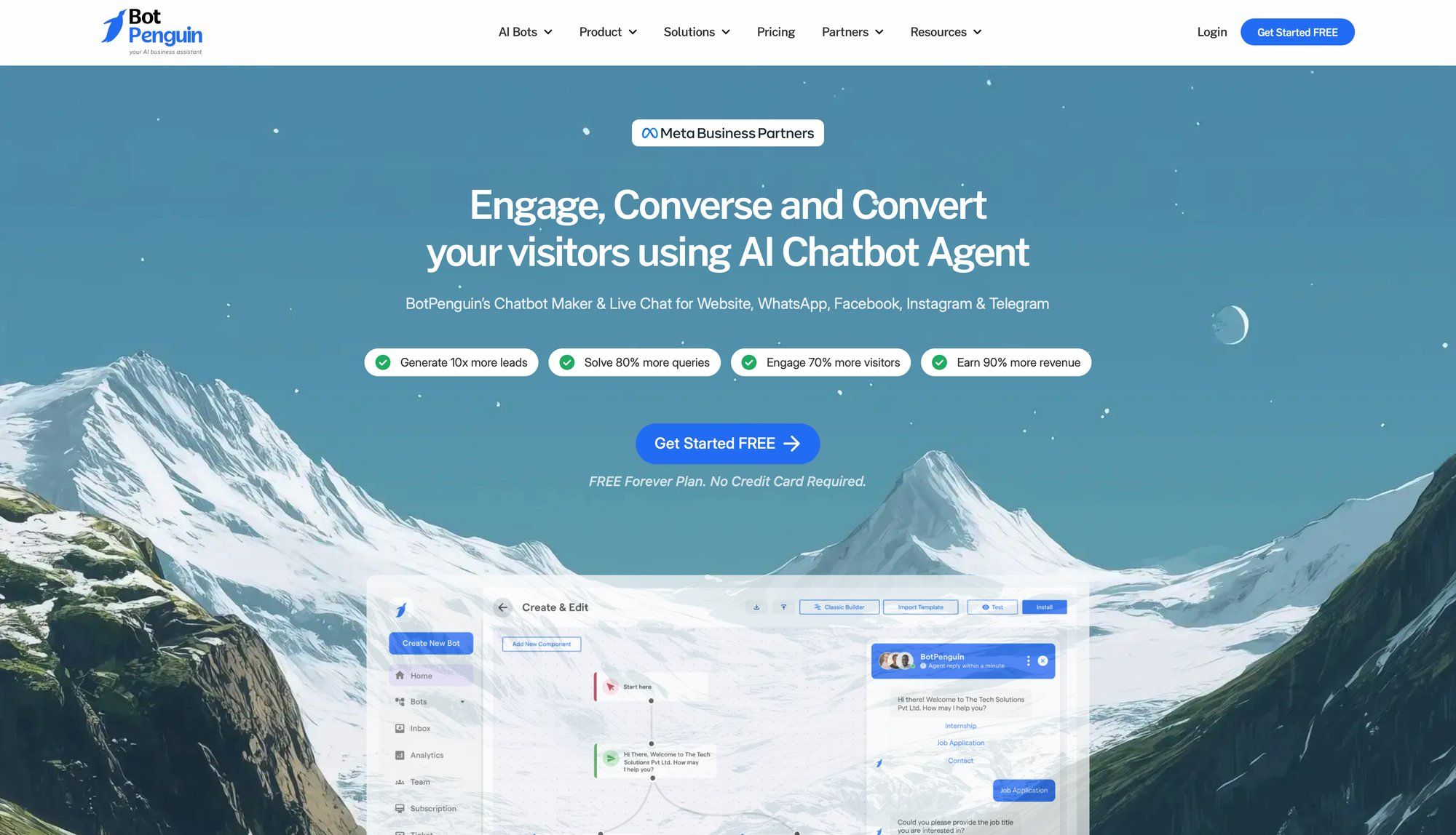 Bot Penguin homepage displaying an AI chatbot builder interface with snowy mountains in the background.