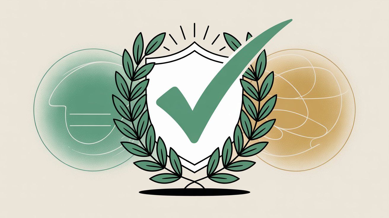 Professional illustration showing a green checkmark with laurel wreath representing WhatsApp messaging compliance and approval