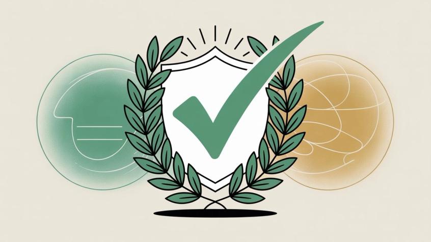 Professional illustration showing a green checkmark with laurel wreath representing WhatsApp messaging compliance and approval
