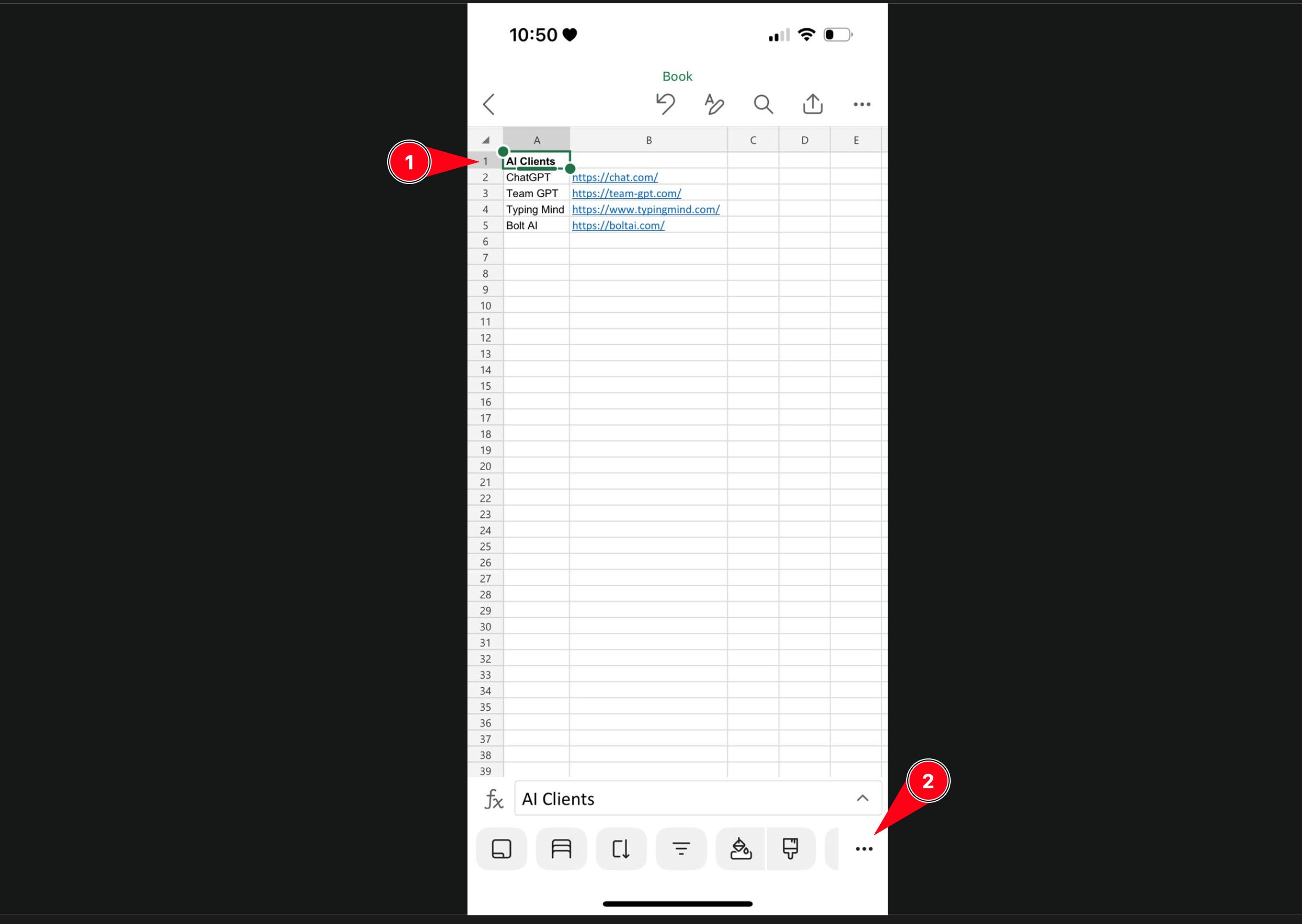 On iOS, select the cells to merge and hit the three dots