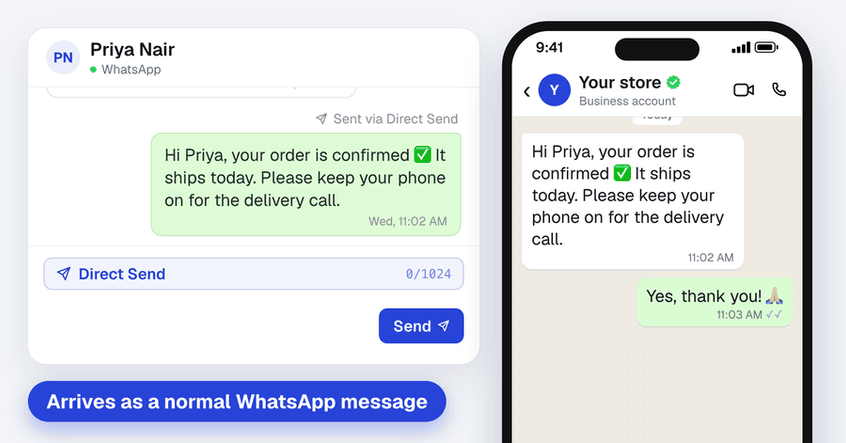 Two days after a customer asked about a COD order, an agent replies from the Spur inbox, the reply is marked Sent via Direct Send, and it reaches the customer’s WhatsApp as a normal message