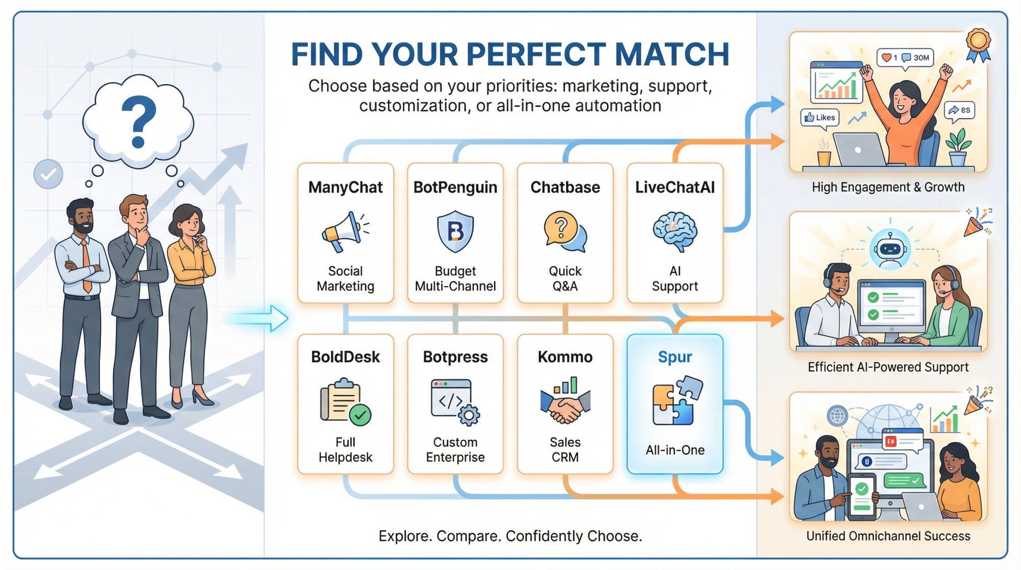 Visual summary showing all UChat alternative platform logos arranged in a decision-tree layout with pathway arrows leading to the best match for different use cases