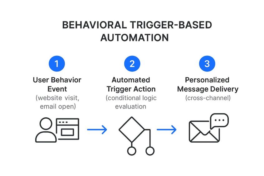Infographic showing a three-step process for behavioral trigger automation: 1. User Behavior Event, 2. Automated Trigger Action, 3. Personalized Message Delivery.