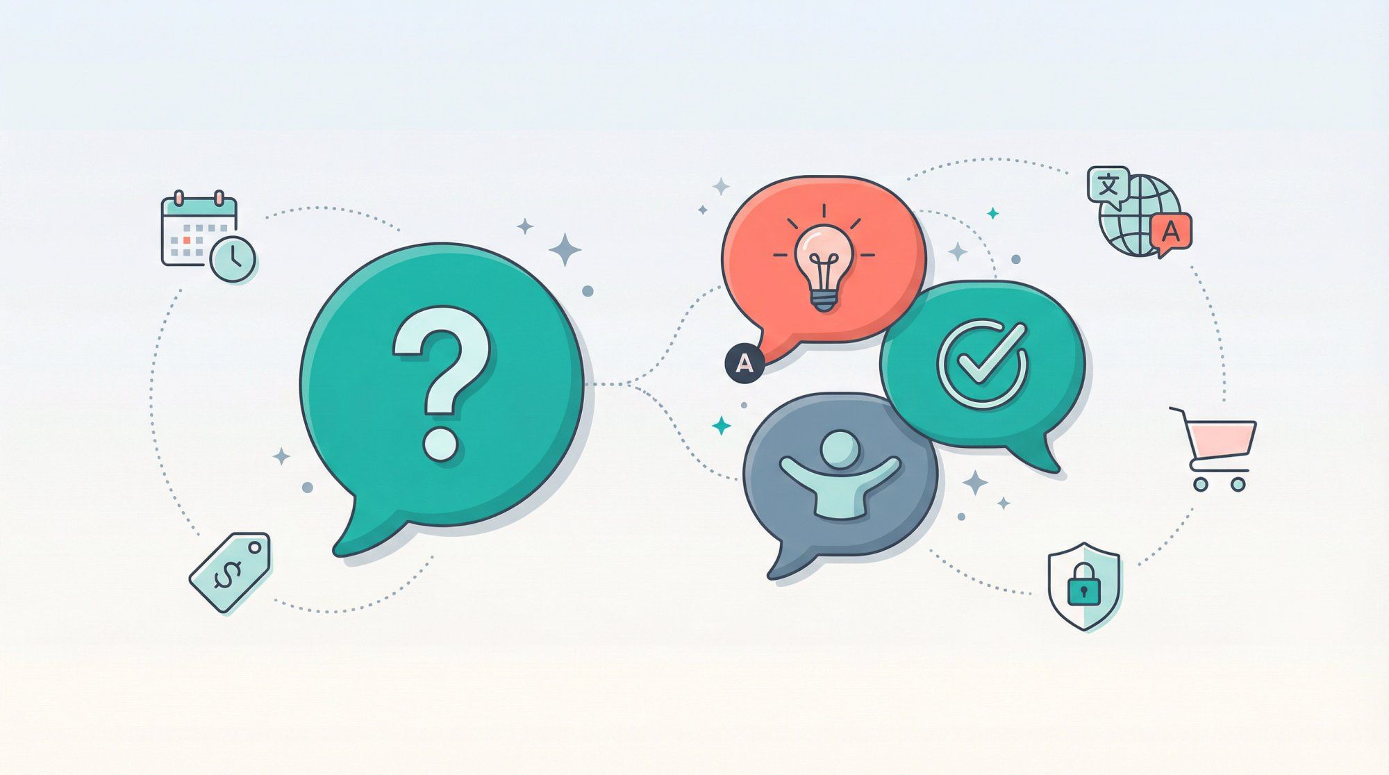 Modern editorial illustration showing friendly Q&A interaction with speech bubbles, question marks, and helpful icons in a welcoming composition