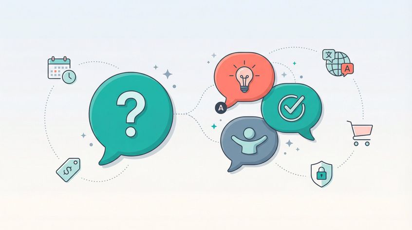 Modern editorial illustration showing friendly Q&A interaction with speech bubbles, question marks, and helpful icons in a welcoming composition