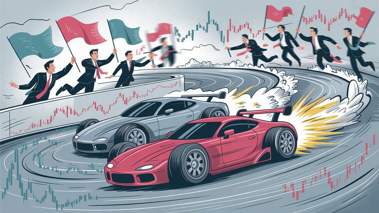 Business dynamics illustration showing competitive pressures - price wars, feature arms races, and market share battles that characterize intense direct competition environments