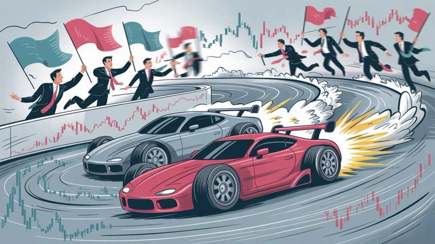 Business dynamics illustration showing competitive pressures - price wars, feature arms races, and market share battles that characterize intense direct competition environments