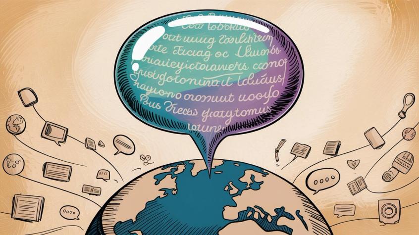 Globe with multilingual text bubble showing language detection across different scripts and languages