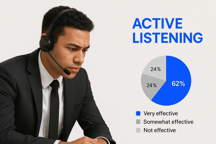 An infographic showing a customer service agent actively listening, with the words 'Active Listening' highlighted.