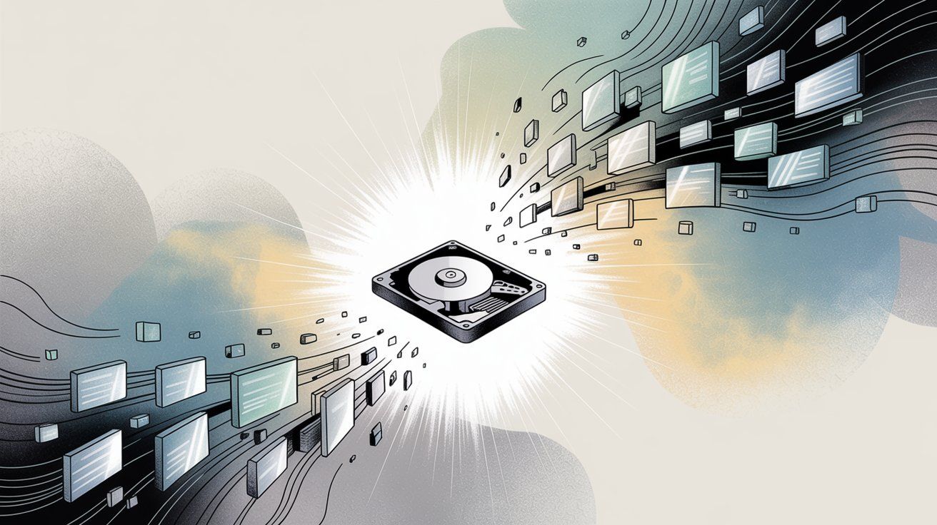 Hard drive with vanishing data files showing temporary storage and automatic deletion after 30 days