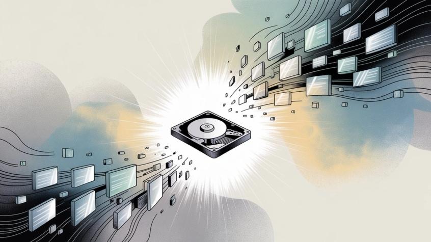 Hard drive with vanishing data files showing temporary storage and automatic deletion after 30 days