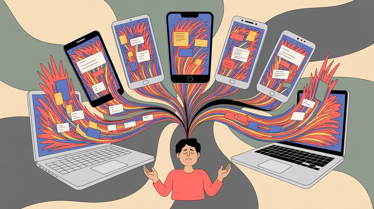 Multiple messaging channels and social media platforms showing overwhelming chaos of managing comments across different platforms