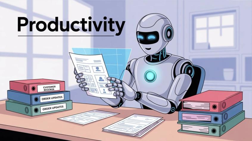 AI robot performing business tasks including order checking and customer record updates in professional office setting